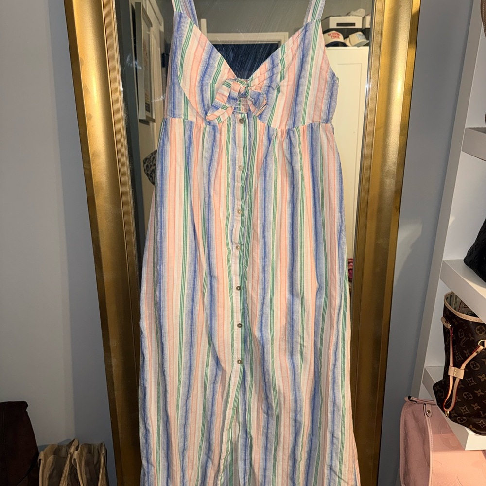 Hummingbird Pastel Striped Sleeveless Midi Dress in Blue, Pink & Green